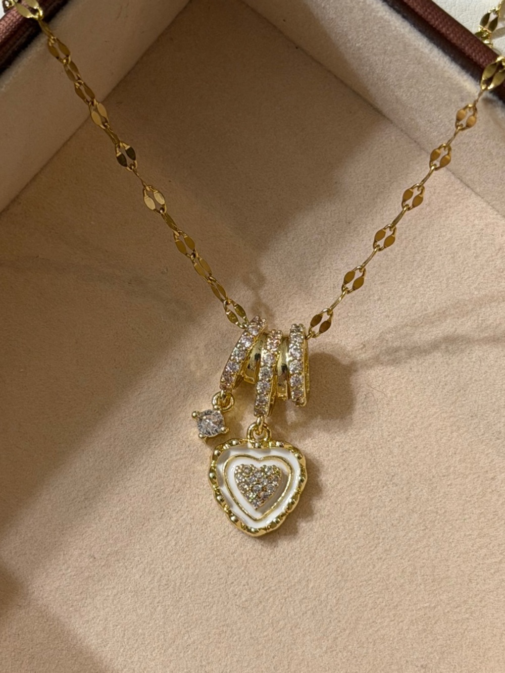 Golden White Enamel Rhinestone Heart Stainless Steel Stamped Necklace Chain